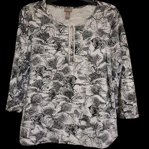 Chicos Black/White Zebra 3/4 Sleeve Blouse Shirt Womens Size 2 (Large Size 12)